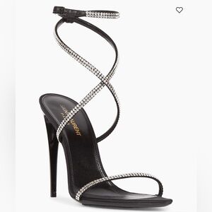 💯 Authentic Saint Laurent CREPE SATIN NERO/CRYSTAL Sandals, box, 2 dust bags NWT